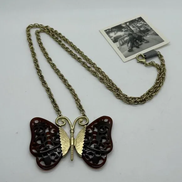 Vintage Anthropologie Butterfly Pendant Necklace Brown Filigree Wings Gold-Tone - Picture 7 of 15